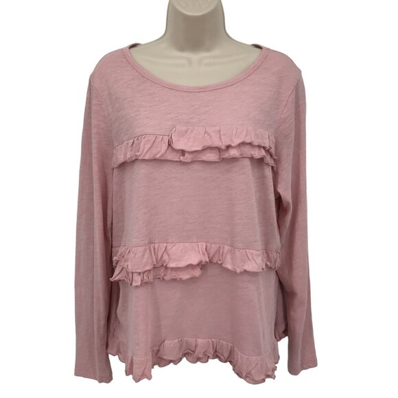 J Crew Womens Pink Ruffle Scoop Neck Long Sleeve Top Size L - Picture 1 of 8